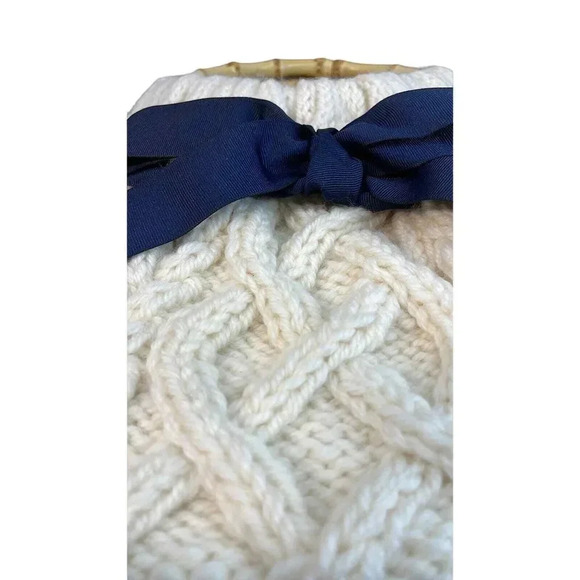 Chunky Hand Knit Cream with Navy Bow Coquette Girl Style Top Handle Handbag - Picture 6 of 11